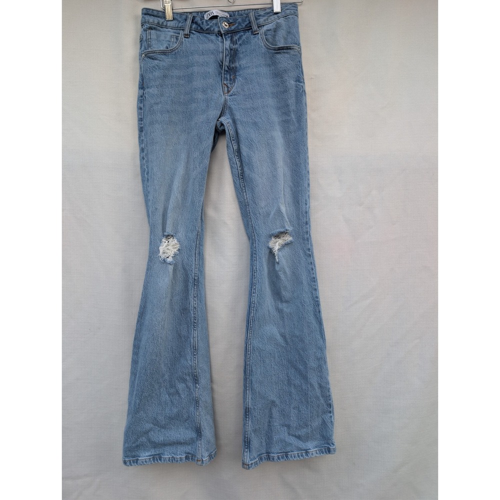ZARA Y2K Distressed Jeans Womens 4 Light Blue Stretch Denim 90s Grunge Flare